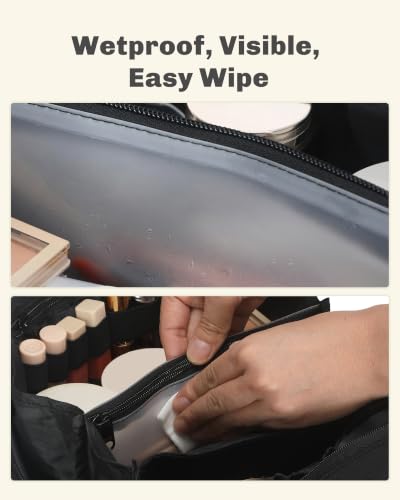 Image of Hynes Eagle Travel Makeup Bag for Women Puffy Cosmetic Organizer Pouch Open Flat Toiletry Bag for Toiletries Brushes Structured Base Jet Black