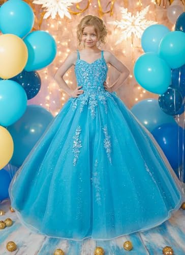 Sparkly Tulle Lace Appliques Flower Girl Dress Spaghetti Straps Pageant Dresses with Train Girls Ball Gown2