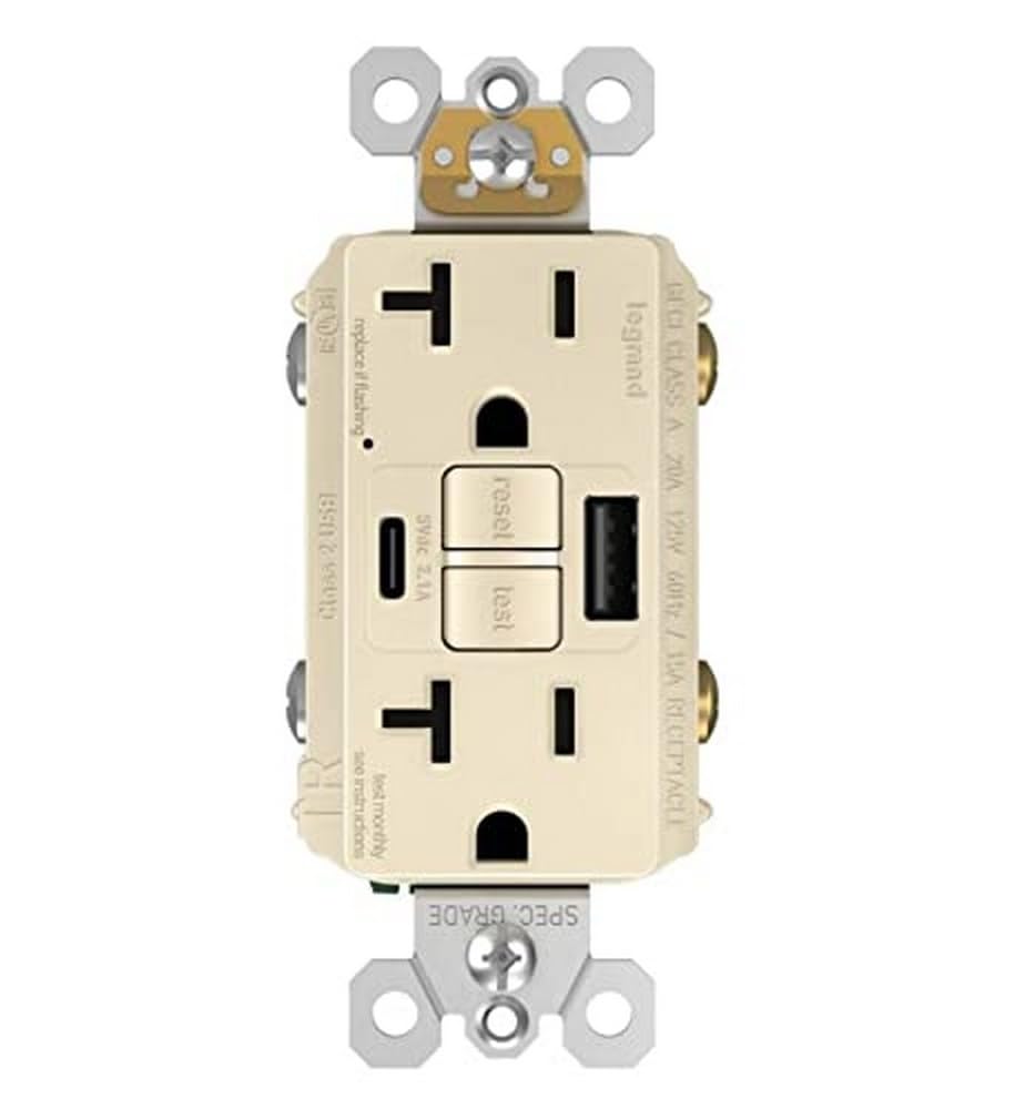 Legrand 2097TRUSBACLA Prise USB GFCI radiante, 20 A, inviolable, auto-test, Type-A/C, amande légère