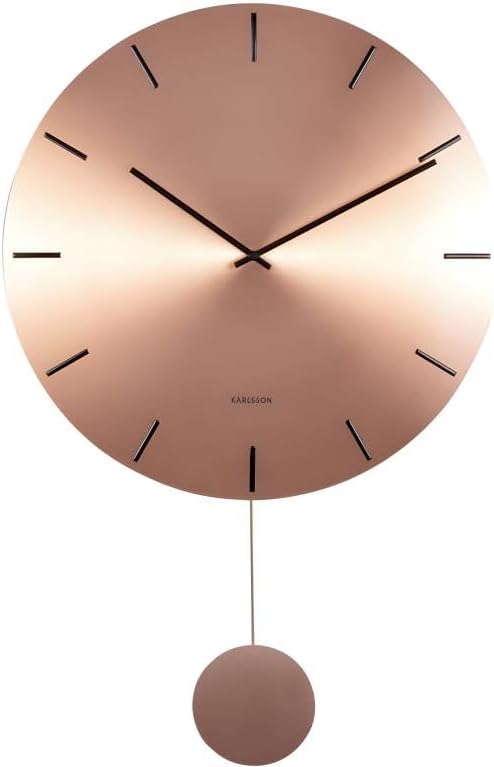 Plný view of the Karlsson Impressive Pendulum Clock, featuring a round copper-colored dial, black hands, and a matching copper pendulum hanging below.