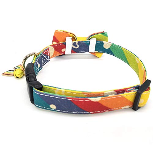KUDES Dog Bow Tie, Adjustable Dog Collars with Bow Tie and Bells Charm Safety Buckle Cute Pet Collars for Small/Medium/Large Dogs and Cats Boys Girls (Rainbow, M(11\"-18\"))