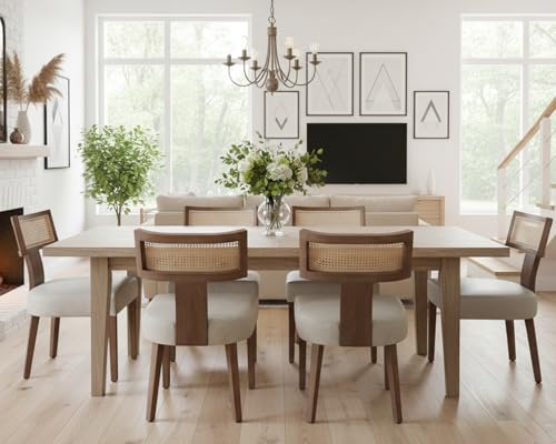 HNY Mid Century Modern Rattan Dining Chairs Set of 6, Farmhouse PU Leather Upholstered Accent Chair Curved Backrest Kitchen Chairs, with Hardwood Frame, Grey