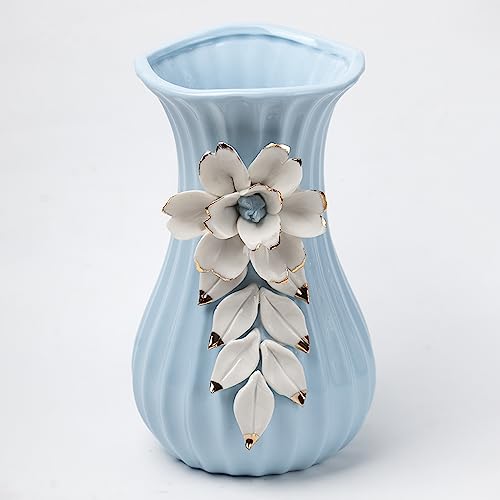 Image of Market99 Blue Ceramic Curvy Vase | Engraved Floral Pattern Flower Holder | Stylish, Handcrafted Vase for Flowers, Indoor Centerpieces, and Office Decor Idea for Housewarmings, Weddings