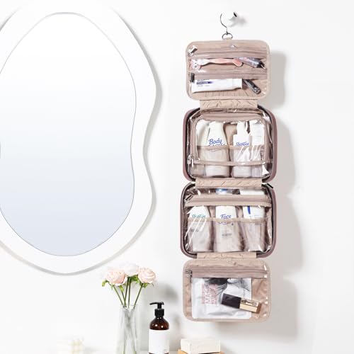 Image of NISHEL Travel Toiletry Bag for women, Portable Hanging Organizer for Travel-Sized Shampoo, Conditioner, Brushes Set, Makeup Accessories, Medium Size, Rosewood-Pink