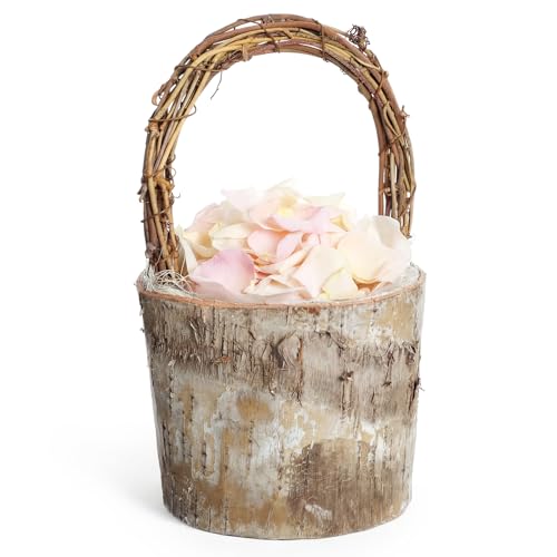 LemonRoad 1 Pc Flower Girl Basket Retro Wooden Bark Style Small Baskets with Handles for Wedding Floral Decoration Wedding Flowers Candy Storage and Home Decoration (Mini)