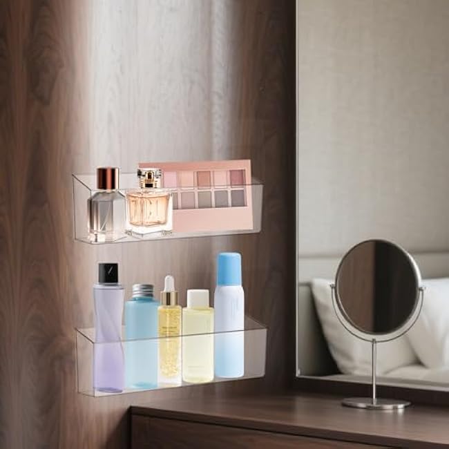 2 Pack Spice Rack, Wall Mounted Storage Organizer Bins, Clear Plastic Seasoning Jars Rack Condiment Bottles Shelf Removable Makeup Organizer for Kitchen Cabinet Doors Pantry RV Organization