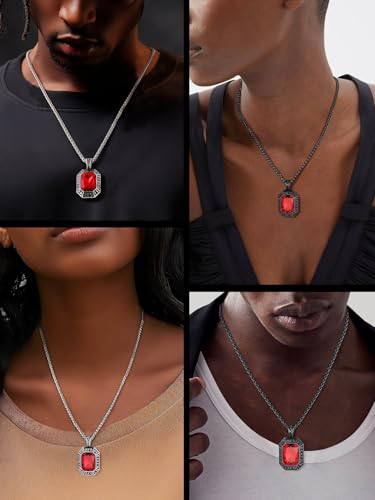 Image of ChainsHouse Viking Rune Pendant Necklace for Men Women, Punk Biker Black Metal /316L Stainless Steel Onyx Norse Vintage Amulet Necklaces with Black /Red /Green /Blue Gemstone, Send Gift Box