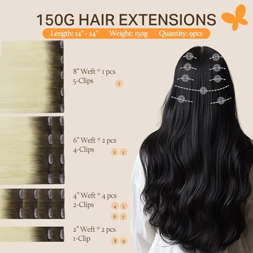 Image of DOORES Human Hair Extensions Clip in Light Ash Brown to Ash Blonde, 150g 9pcs 14 Inch, Remy Straight Thick Hair
