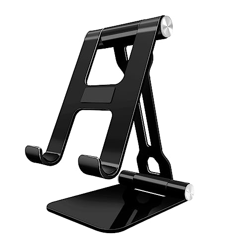 Cell Phone Stand, Adjustable Foldable Metal Alloy Desktop Phone Holder Cradle Dock Compatible with iPhone 14 13 12 11 Pro Max, SE, XR, 8 Plus, Android Smartphone, Pad, Desk Accessories (Black)