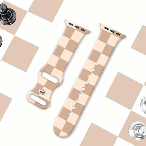 Image of wipalor Checkered Bands for Apple Watch Bands for Women 46mm 45mm 44mm 42mm 49mm, Cute Sport Checkered iWatch Bands Soft Silicone iPhone Watch Bands Series 11 10 9 SE 8 7 6 5 4 3 Ultra-Beige