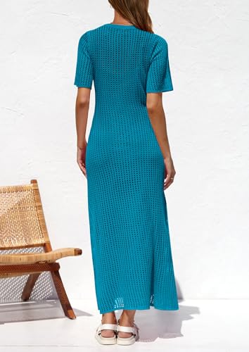 Image of PRETTYGARDEN Womens Eyelet Crochet Maxi 2 Piece Dress Sets | Knit Mesh Layered Two-Piece Dress, Short Sleeve Crew Neck Cover Up With Slip, Summer Resort Vacation Beach Hollow Out Dresses