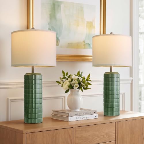 Image of PoKat 27.5 inch Dark Green Ceramic Table Lamps for Living Room, Farmhouse Table Lamps Set of 2 for Bedroom Night Stands, Modern Bedside Lamps for End Side Table, Vintage Nightstand Decor Lamps Home Office