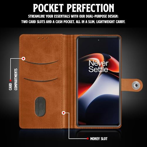 Image of WOW IMAGINE Shock Proof Flip Cover Back Case for 1+ OnePlus 11R 5G (Magnetic Button Flip Case | Wallet Pockets & Stand | Leather Finish | Alder Brown)