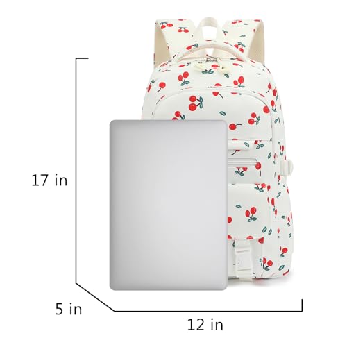 Image of Kids High Middle School Backpack for Girls 5-12 Kawaii Travel Cherry Bookbag,Beige Cherry