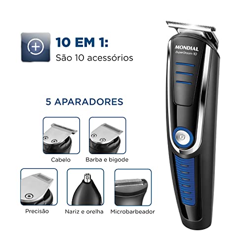 Aparador de Pelos Super Groom 10, Mondial, Preto/Azul, 6W, Bivolt - BG-03