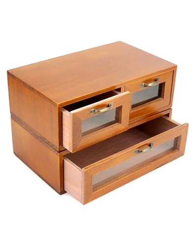 Image of QWORK Wooden Box Organizer, Wood Desktop Storage Cabinet with 3 Drawers, Dark Brown