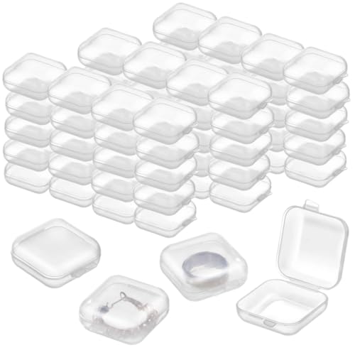 PONDON 60 mini cajas de joyería, recipientes cuadrados transparentes con tapas con bisagras, pequeñas cajas de almacenamiento de plástico para cuentas, aretes, tachuelas, estuches de joyería de viaje