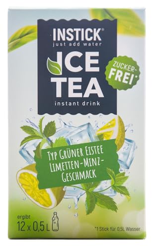 INSTICK Ice Tea senza zucchero (Tè Freddo Limetta e Menta) - 1 confezione per 12 x 0,5-1 L - Bevanda istantanea senza zucchero - Polvere per bevande vegane a basso contenuto calorico e vitamina C