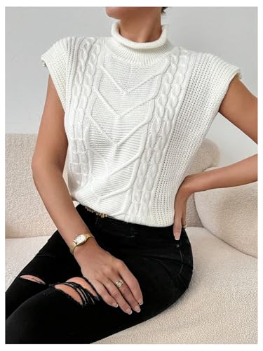 Image of BEAUDRM Women's Textured Mock Neck Sweater Vests Cap Sleeve Cable Knit Sweater Vest Casual Loose Top Knitwear Beige Medium