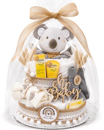 Windeltorte Boho Vintage Stil | Geschenk zur Geburt | Made in Germany | mit Baby-Schmusetuch, hochwertigen Pflegeprodukten, Babytee, Söckchen, Tuch & schönem Zubehör | Baby Geschenk