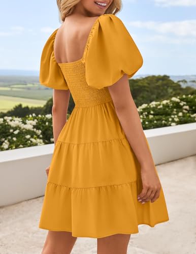 Image of ZESICA Women's Boho 2026 Summer Square Neck Puff Sleeve Off Shoulder Smocked Tiered Casual A Line Short Mini Dress