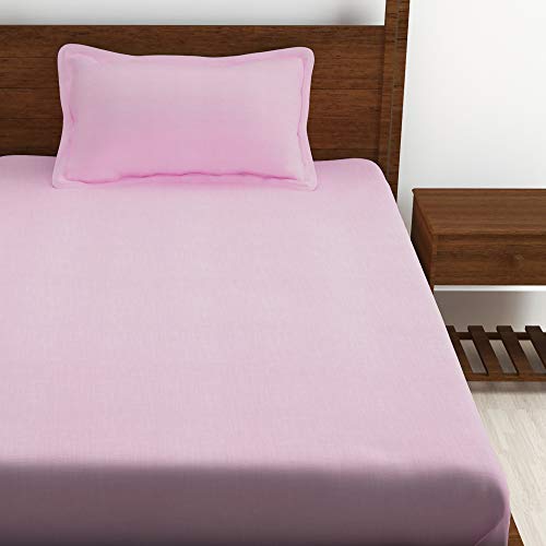 Image of Story@Home 210 TC Spark Solid Plain Cotton Single Bedsheet with 1 Pillow Cover (Light Pink)