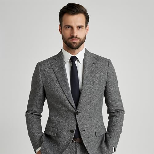 Image of BIGREAMS Unstitched Black Grey Herringbone Wool Blazer Yarn-Dyed Fabric for Three Piece Suit | 58 inch Wide, Wrinkle Free, Best for Coat Pant, Nehru Jacket,Free Size (1.5 Meter for Blazer Use)