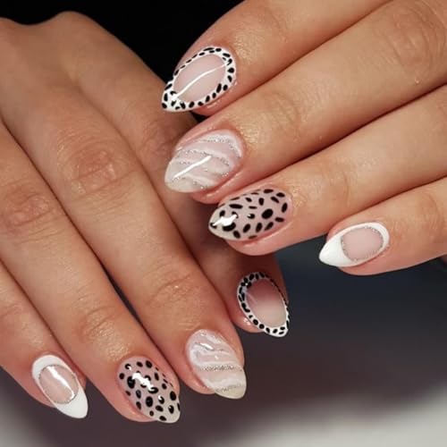 Image of Almond Press on Nails Polka Dots Fake Nails woth Stripe Design Black White Glue on Nails Glossy Full Cover Artificial Acrylic Short Stick on Nail for Women Girls Manicure 24Pcs
