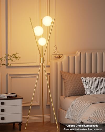 Image of Lightdot Tripod Floor Lamp Stepless Dimmable Globe Modern Floor Lamp Gold Standing Lamps with Stable Base& 3PCS 3000K Bulbs Included Mid Century Floor Lamps for Living Room /Sofa Beside /Corner Decor