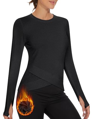 Soneven Thermo Funktionsshirt Damen Fleece Sportshirt Langarm Warm Sweatshirts Sport Oberteile Laufshirt Langarmshirts Kreuzsaum Mit Daumenlöcher(Schwarz, M)
