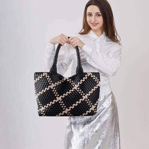 Image of Woven Tote Bag Womens Purse Vegan Leather Shoulder Handbags Fashion Summer Beach Tote Bags Large Travel Totes