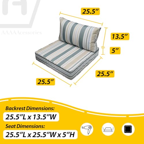 Image of AAAAAcessories Outdoor Seat Cushions for Chairs, Fade-Resistant, Waterproof Patio Furniture Replacement Cushions, 25.5 inch x 25.5 inch x 5 inch + 25.5 inch x 13.5 inch, Set of 2, Slate Gray Blue Coastal Stripe