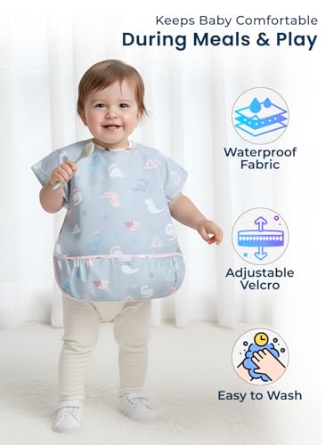 Image of POLKA TOTS Washable & Reusable Waterproof Feeding Bibs | Premium Half Sleeve Baby Bibs for Infants & Toddlers | Drooling Apron | Food Catcher | Clothing Protector Apron for Baby Boys & Girls