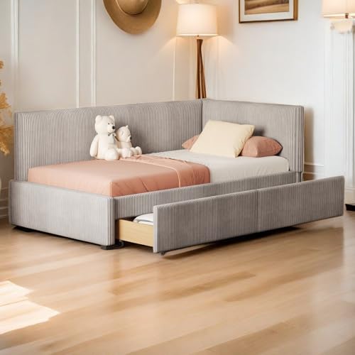 Divano Letto 90x200 cm con rete a doghe, Letto Multifunzionale con 2 Cassetti, Letto imbottito Letto Singolotessuto di Velluto delicato sulla pelle Grigio