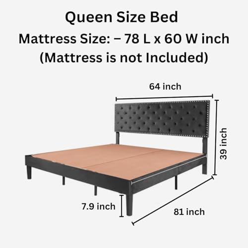 Image of Julius Upholstered Bed Queen Size Without Storage Solid Sheesham Wood | Modern Premium Fabric Upholstery Cushion Headboard | Queen Bed for Bedroom Wooden Double Bed Cot 78x60 Inch Queen