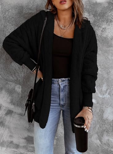Image of Dokotoo Womens 2025 Winter Long Sleeve Solid Fuzzy Fleece Open Front Hooded Cardigans Jacket Coats Outerwear with Pocket