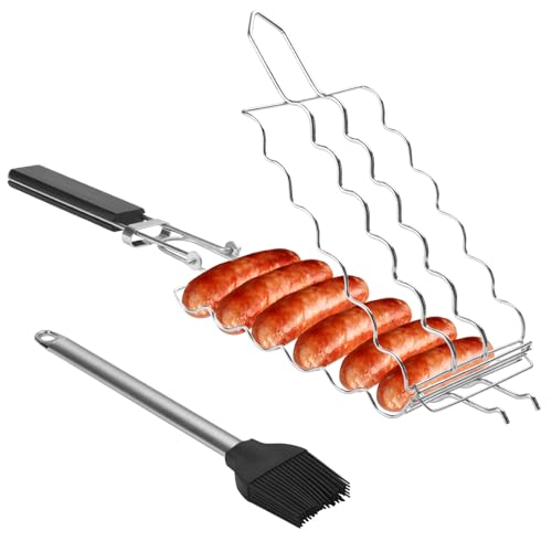 Hot Dog Holders for Grilling, Stainless Steel Hot Dog BBQ Basket Sausage Rack Removable Heat-Resistant Wooden Handle Perfect for Sausages, Vegetables, and Meat Outdoor Cooking Birthday Gifts for Men