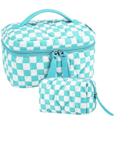 Image of BAGSMART Travel Makeup Bag, 2-Piece Puffy Quilted Cute Make Up Bag Cosmetic Bags for Women, Large Wide-Open Toiletry Pouch Gifts for Toiletries Accessories Travelling Essentials, Checkered Blue