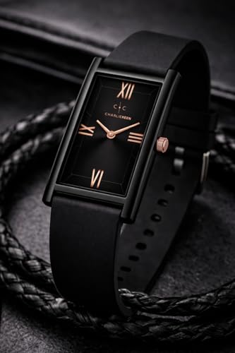 Image of CHARLIEKEEN Rectangular Wristwatch, Black Dial with Rose Gold Roman Numerals, Silicone Strap, Elegant Style