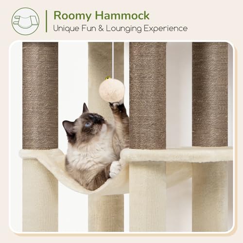 Image of Globlazer Tall Cat Tree Tower for Large Adult Cats, Multi-Level Large 65 Inch Cat Scratching Tower with Hammock, 6 Scratching Posts, Basket and 2 Perches for Indoor Multiple Cats, F65D, Beige