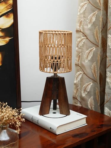 Image of Green Girgit Decorative Tri-Leg Stand Wooden Table Lamp with Dori Designed Cylindrical Lamp Shade Bedside & Reading Night Lamp for Bedroom, Living Room & Home Decor | Warm Ambient Light