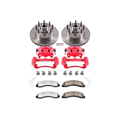 Image of PowerStop Front Brake & Caliper Kit for Ford Excursion 2003-05 |F-250 Super Duty 2003-04 - Drilled & Slotted Disc Rotors + Z36 Brake Pads + Red-Powder Coated Calipers, KC1392-36