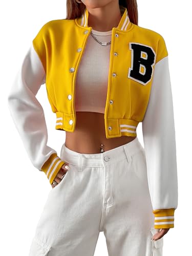 WDIRARA Women's Casual Button Down Letter Patched Color Block Crop Varsity Jacket Outerwear