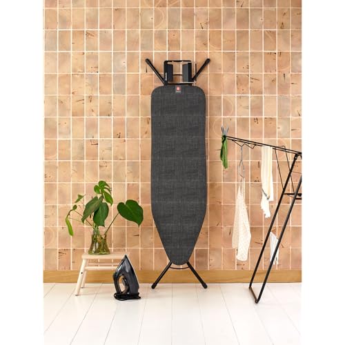 Image of Brabantia Comfort Ironing Board with Left /Right Adjustable Steam Iron Rest | Medium (Size B) | Fairtrade Denim Black Cover | Adjustable Height (27-38 inch), Easy Fold, Anti-Collapse Lock, Non-Slip Feet