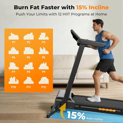 Image of JAGJOG Quiet 15% Auto Incline Treadmill, Foldable Storage | Quiet 3.5HP Motor, 12 HIIT Programs, 14.96 inch LED Touchscreen, Smart App, Heart Rate, No Assembly, 41 inch x 17 inch Belt