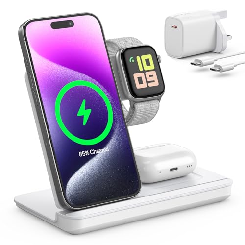 Foldable 3 in 1 Wireless Charging Station for Apple Devices Wireless Charger Stand with 20W PD Adapter for iPhone 17/16/15/14/13/12/11 Apple Watch & AirPods Charging Dock White