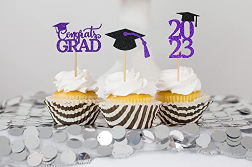 Graduation Cupcake Toppers 2023 Purple,Glitter Class Of 2023 Cupcake Toppers Supplies,Class Of 2023 Congrats Grad Cap Diploma Cupcake Picks For Graduation Party Decorations 2023 Purple And Black-40Pcs #TOP2