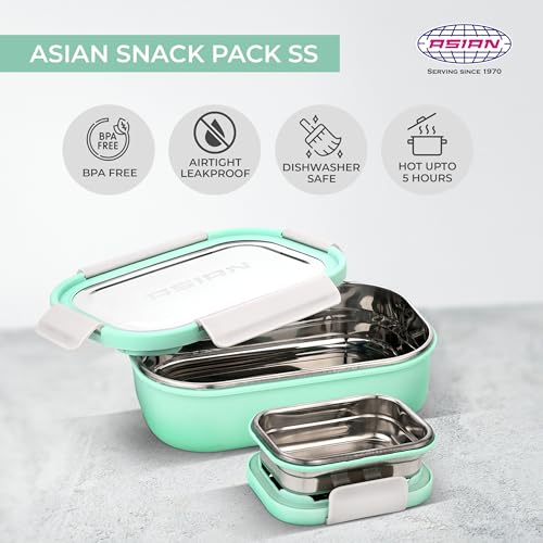 Image of Asian Plastowares - Snack Pack SS Lunch Box | Tiffin Box - Leak-Proof, Airtight | Lunch Box for Kids & Adults | Durable & Spill-Free School, Office, and College Tiffin | Mint Green