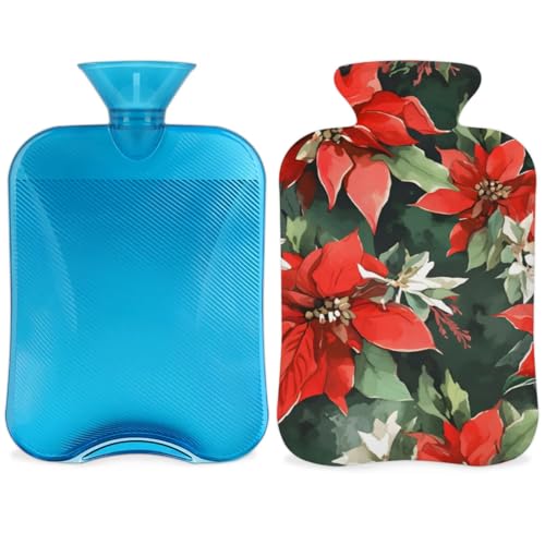 Hot Water Bottle with Soft Cover,2L Holly Berry Flowers Hot Water Bag for Hot and Cold Compress, Hand Feet Warmer, Oil Painting Flowers Rubber Hot or Cold Water Bottle Halloween Christmas Decorations