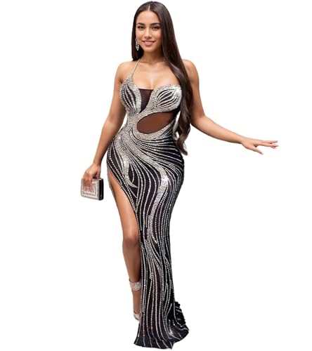 Image of Jigfar Women Sexy Elegant Rhinestone Mesh See Through Party Club Night Split Bodycon Formal Maxi Dress
